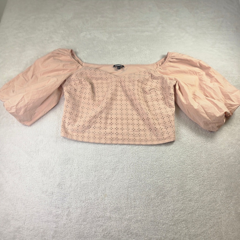 Express Womens XL Blush Pink Eyelet Puff Sleeve Off The Shoulder Crop Top